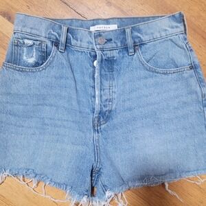 PACSUN High Rise Icon Denim Shorts Frayed Hem Blue Size 27 Button Fly Trendy‎